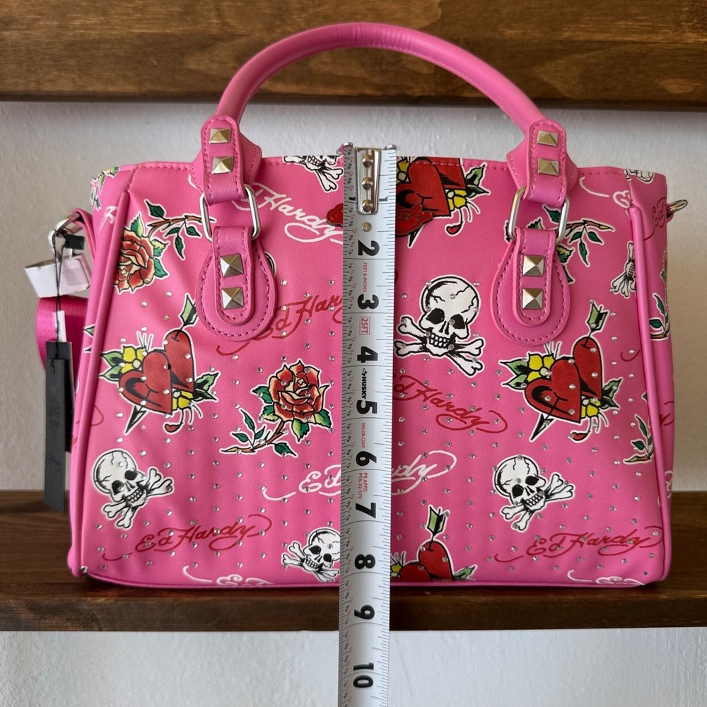 Ed Hardy Pink Skull Heart Thermal Lunch Tote Bag Rhinestone Y2K NWT Insulated - Picture 5 of 16
